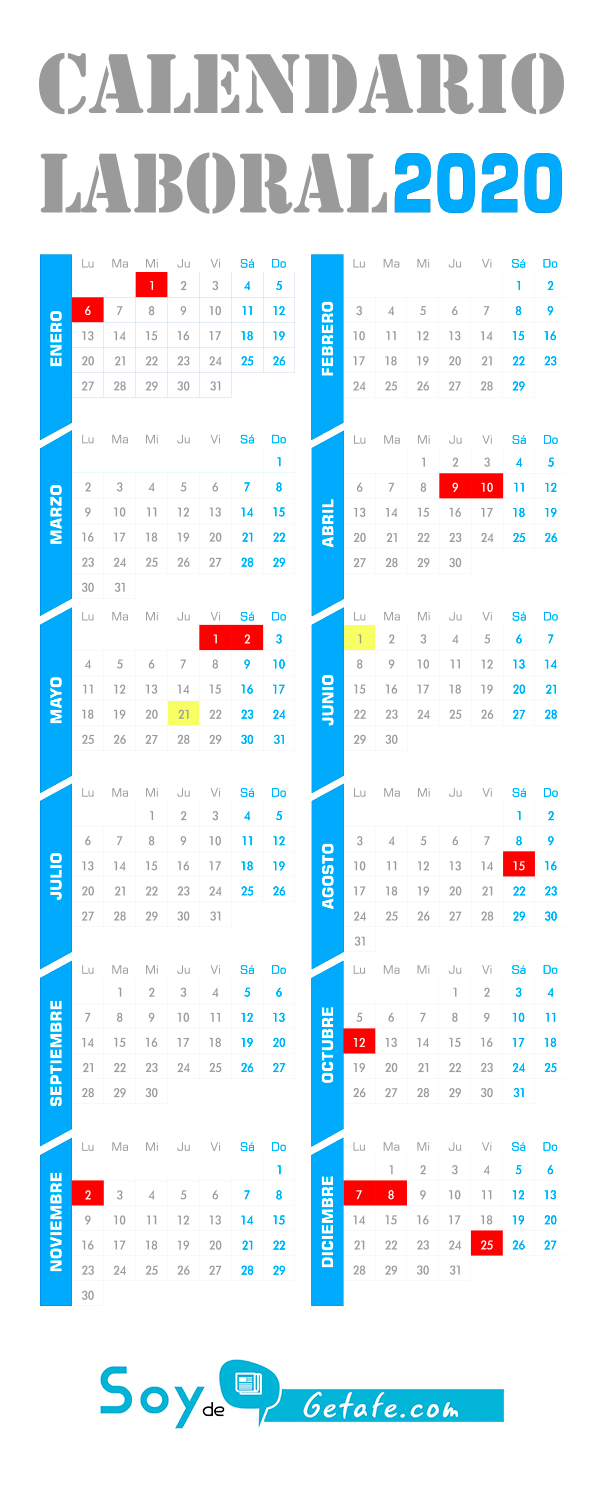 El Calendario Laboral De Getafe 2020 Soyde calendario laboral getafe