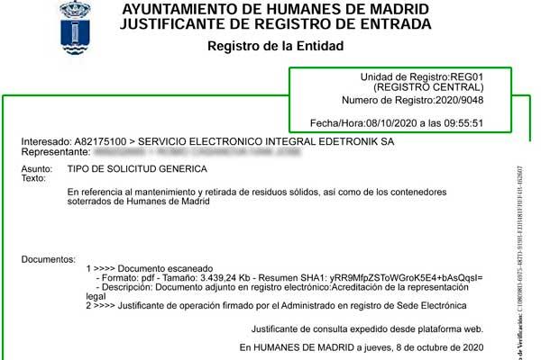 Soyde. ha solicitado al Ayuntamiento de Humanes por Registro los contratos referidos al manteniminto de los contenedores soterrados