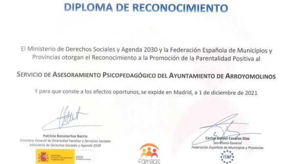 El diploma ha sido otorgado por el Ministerio de Derechos Sociales y la Federación Española de Municipios y Provincias